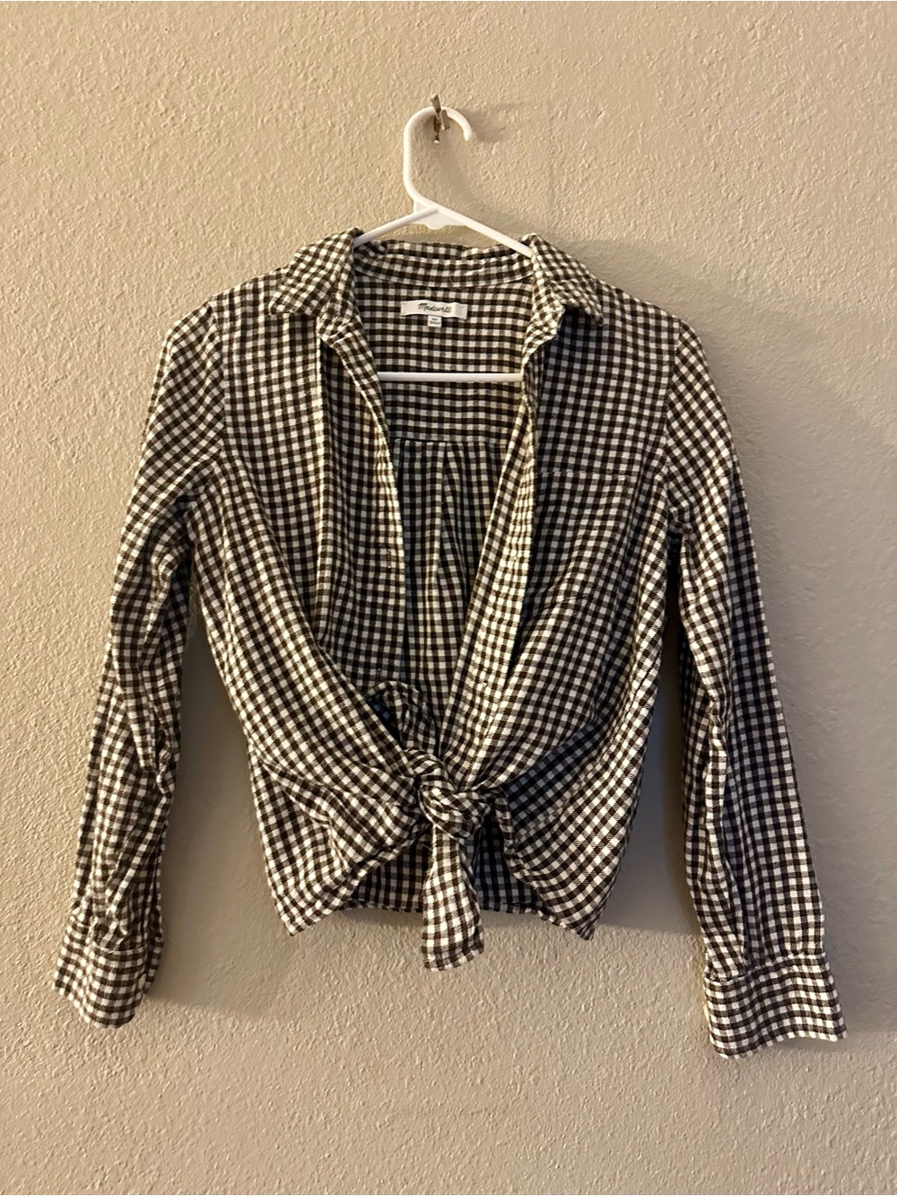 Button-Front Tie Hem Gingham Shirt - Brown & White